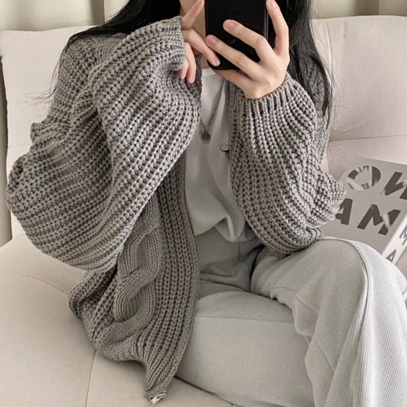 Damen gemütliche Strickjacke mit voluminösen Ärmeln und modernem Design Drune