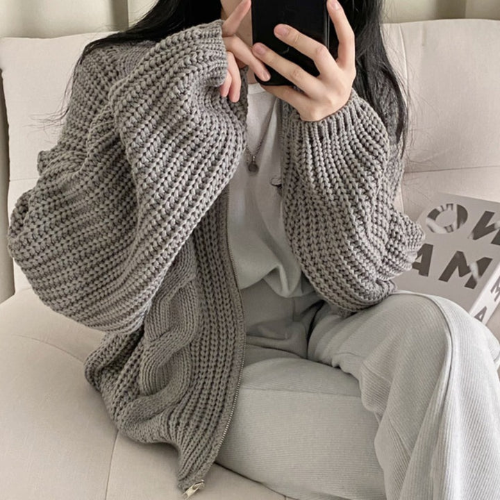 Damen gemütliche Strickjacke mit voluminösen Ärmeln und modernem Design Drune