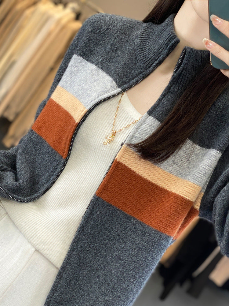 Damen Reißverschluss-Strickcardigan aus weichem Wollmix mit Blockstreifen und geripptem Saum Drune