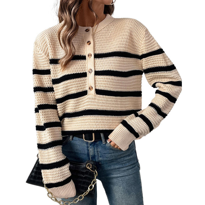 Damen Gestreifter Waffelstrick-Henley-Pullover mit Knopfleiste Drune