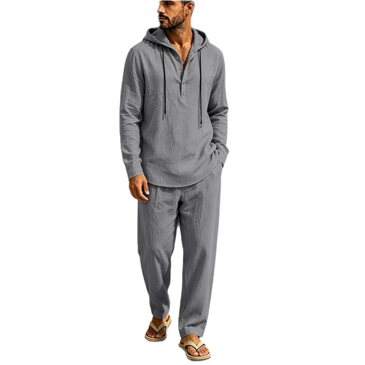 Herren Lässiges Leinen-Look Freizeit-Set mit Kapuzenhemd und weiten Hosen Drune