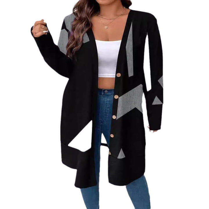 Damen Oversize-Strickcardigan mit geometrischem Print, Knopfleiste und aufgesetzten Taschen Drune