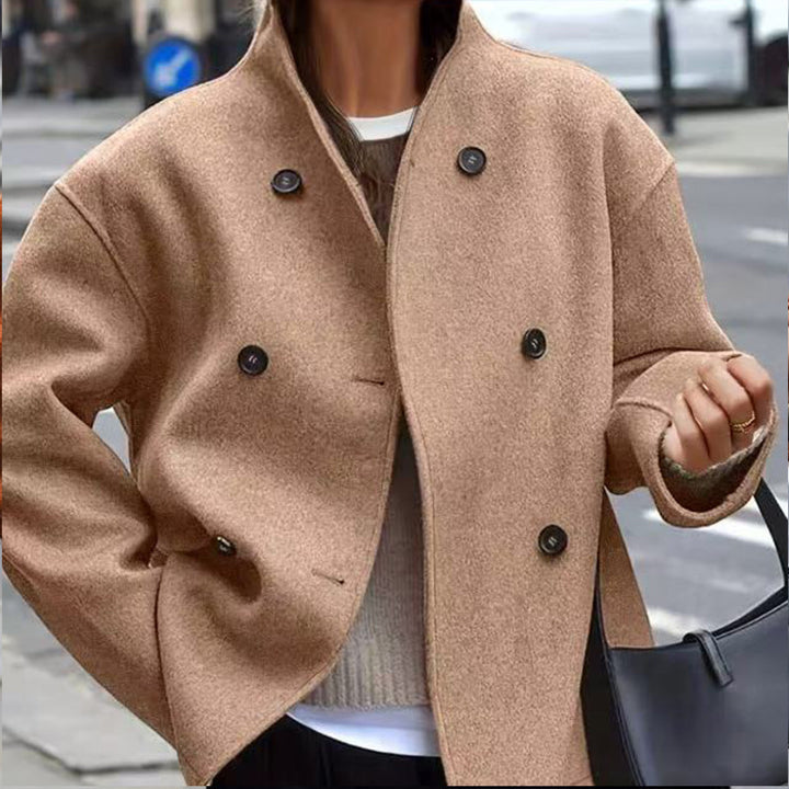 Damen Kurz geschnittener Oversize-Wollmantel mit doppelreihiger Knopfleiste und Stehkragen Drune