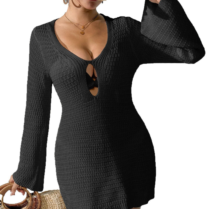 Damen luftiges Strickkleid mit tiefem V-Ausschnitt und modischem Schlitz Drune