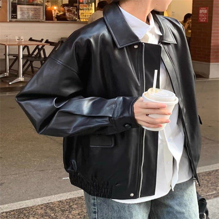 Damen Modische Lederjacke mit oversized Ärmeln und elastischem Saum Drune