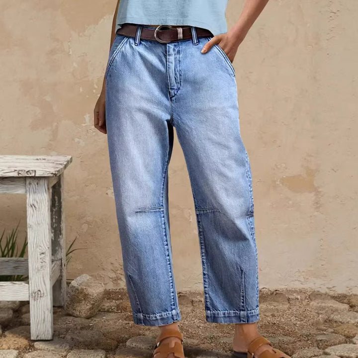 Damen lockere Jeans mit stylish cropped Schnitt und hohem Bund Drune