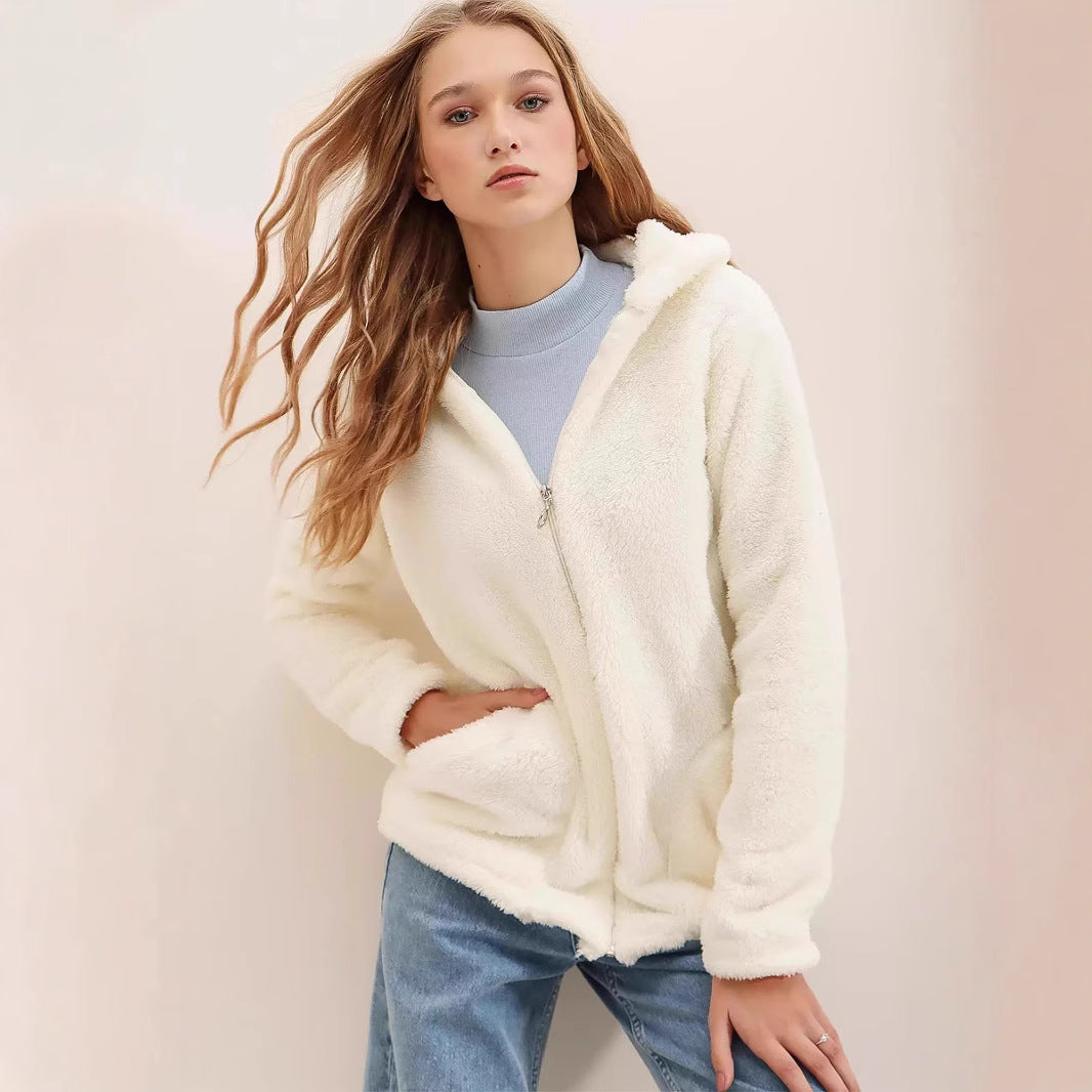 Damen kuschelige Fleecejacke mit Kapuze und Doppelreißverschluss Drune