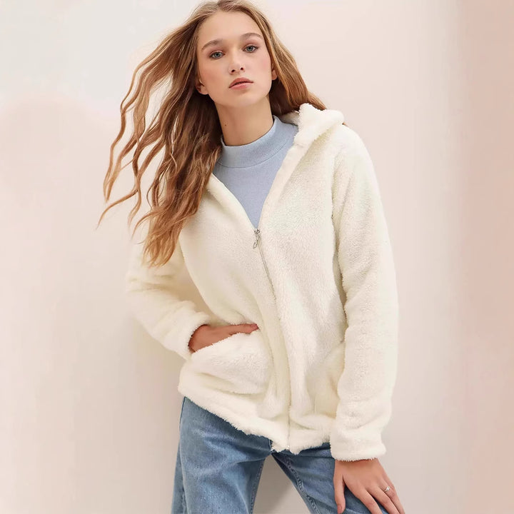 Damen kuschelige Fleecejacke mit Kapuze und Doppelreißverschluss Drune