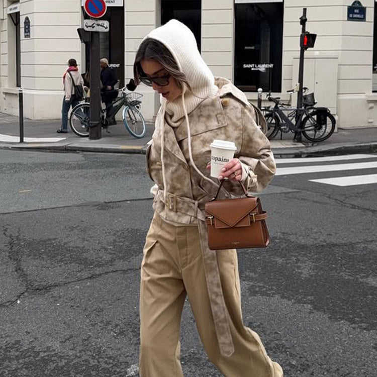 Damen modische Trenchcoat-Jacke mit Gürtel und Kapuze Drune