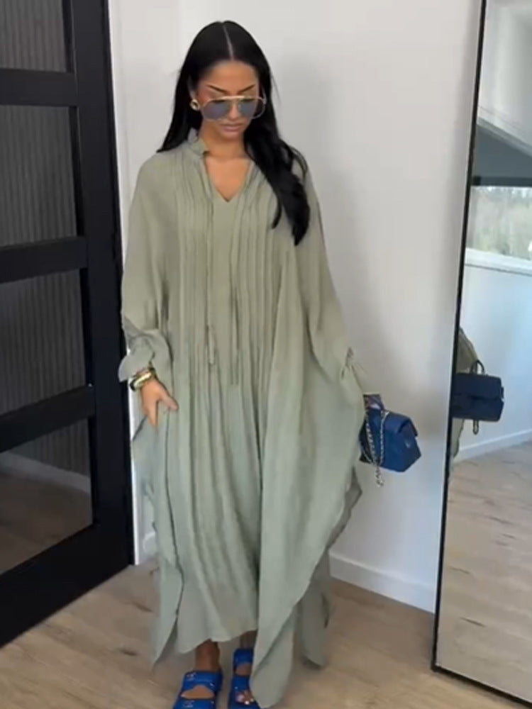Damen Maxikleid im Kaftan-Stil mit Rüschenkragen, Bindebändern und voluminösen Ärmeln Drune