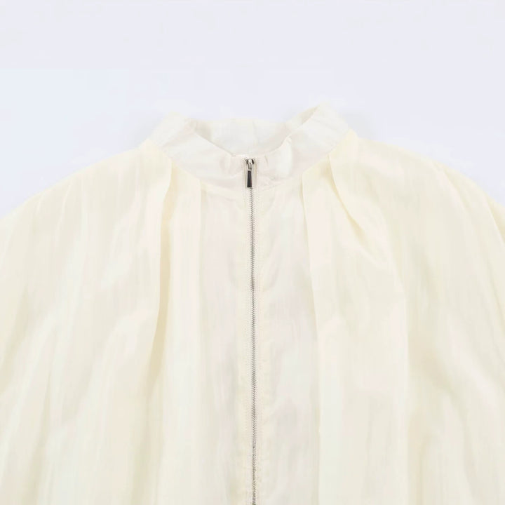 Damen Leichte semitransparente Blousonjacke mit Ballonärmeln und Metallreißverschluss Drune