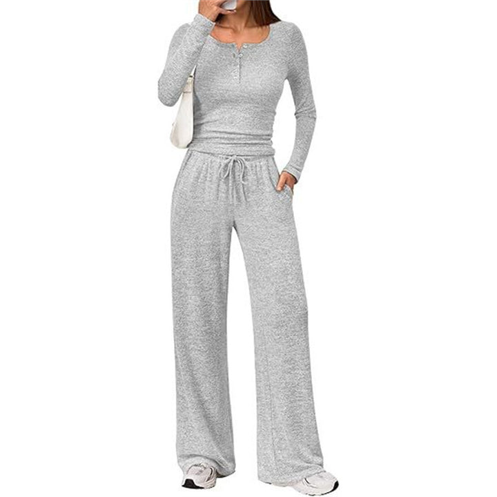 Damen Zweiteiliges Feinstrick-Lounge-Set mit Henley-Top und Palazzo-Hose Drune