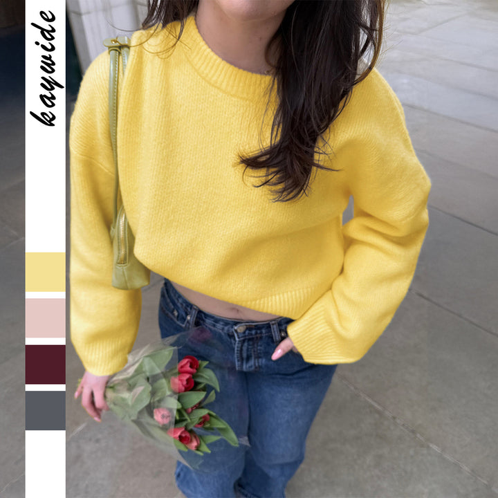 Damen nan Oversize-Feinstrickpullover mit Stehkragen, verlängerter Rückenpartie und Ballonärmeln Drune