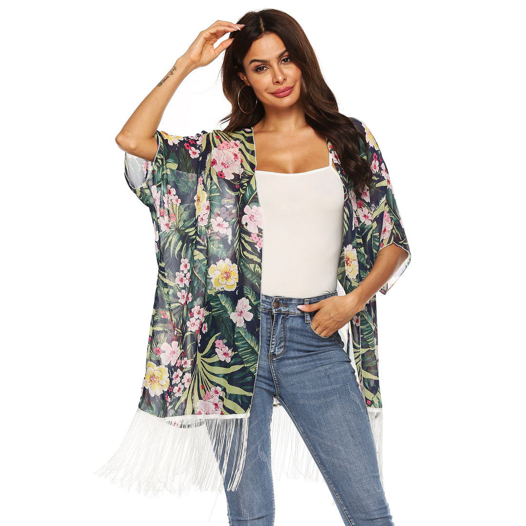 Damen Kimono mit floralem Design und Fransen Drune