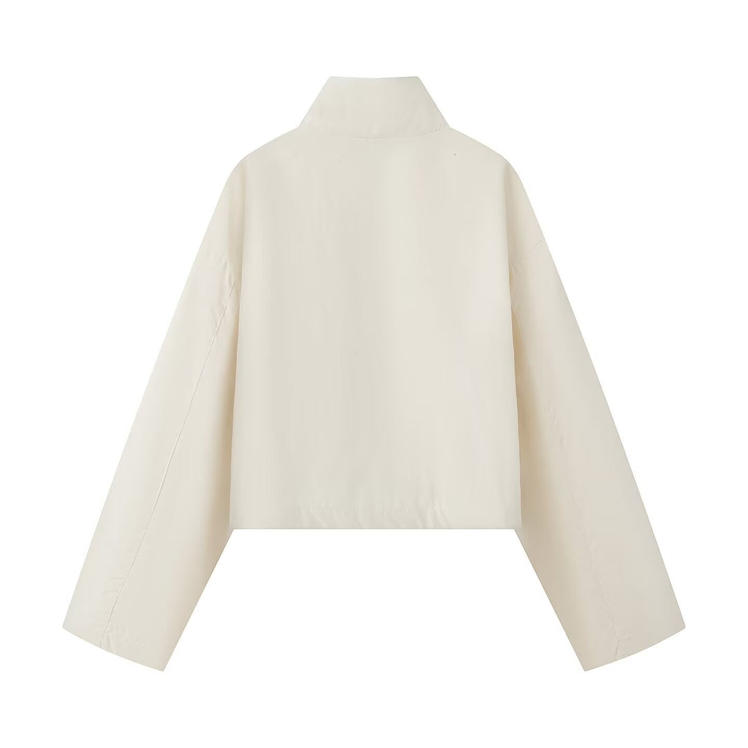 Damen Kurze Boxy-Utility-Jacke mit hohem Funnelkragen, großen Pattentaschen und Kordelzug Drune