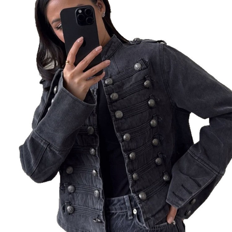 Damen Kurz-Jeansjacke mit Paradeborte und Zierknopfleiste Drune