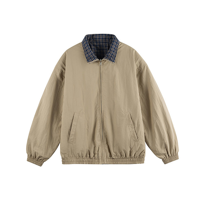 Unisex Leichte Oversize-Zipjacke im Bomberstil mit kariertem Kragen und elastischen Bündchen Drune