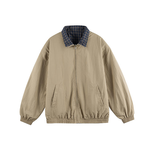 Unisex Leichte Oversize-Zipjacke im Bomberstil mit kariertem Kragen und elastischen Bündchen Drune