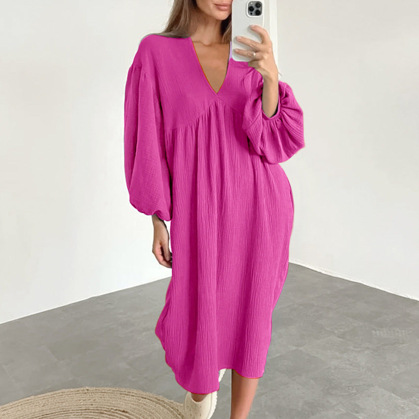 Damen lässiges Oversized-Kleid mit voluminösen Ärmeln und V-Ausschnitt Drune
