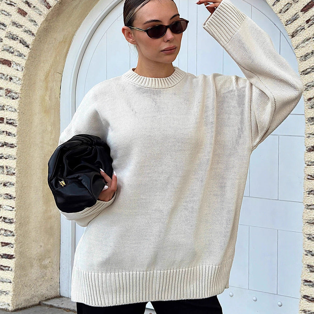 Damen Oversize-Feinstrickpullover mit Rundhalsausschnitt & verlängerten Manschetten Drune