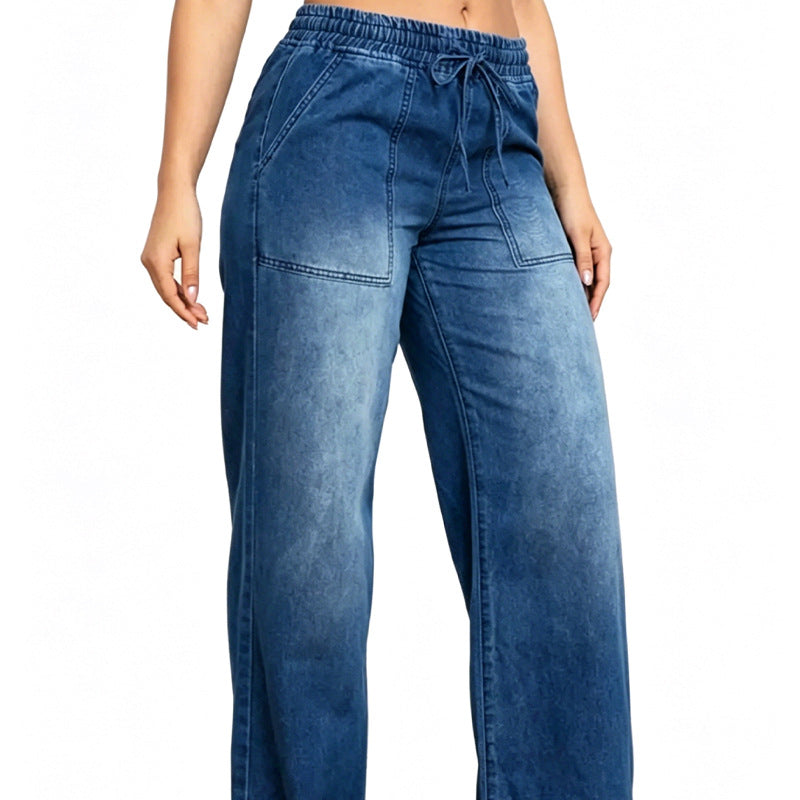 Damen Weite High-Waist-Jeans mit elastischem Bund und Kordelzug Drune