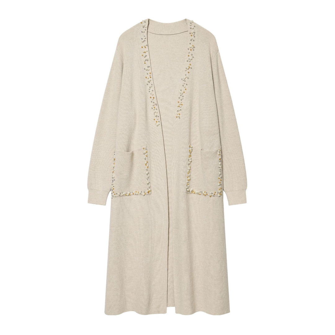 Damen langer Strickcardigan mit Perlenbesatz und aufgesetzten Taschen Drune