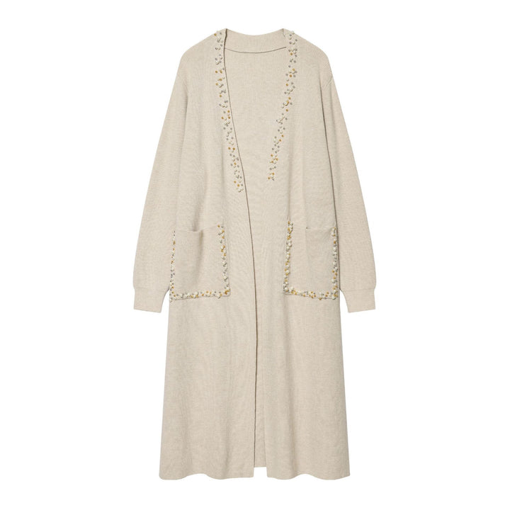 Damen langer Strickcardigan mit Perlenbesatz und aufgesetzten Taschen Drune