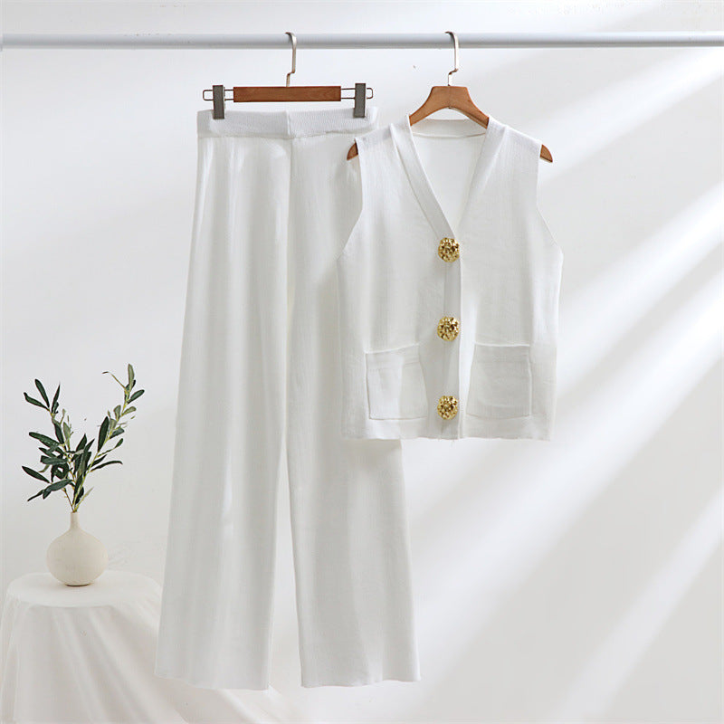 Damen elegantes Strick-Loungewear-Set mit Knopfdetaillierung Drune
