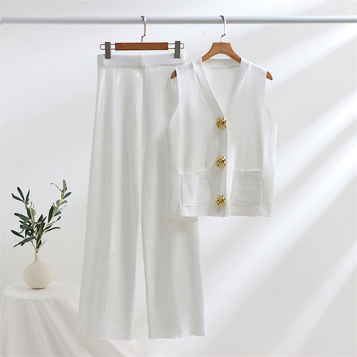Damen elegantes Strick-Loungewear-Set mit Knopfdetaillierung Drune