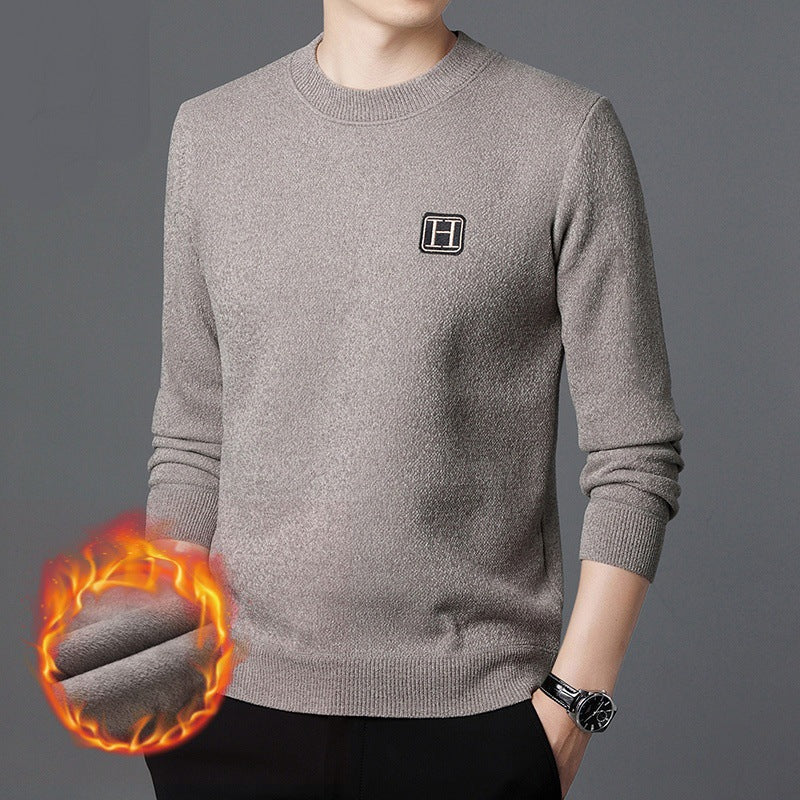 Herren Feiner Thermo-Rundhalspullover aus wärmendem Microfleece mit Slim‑Fit und Logopatch Drune