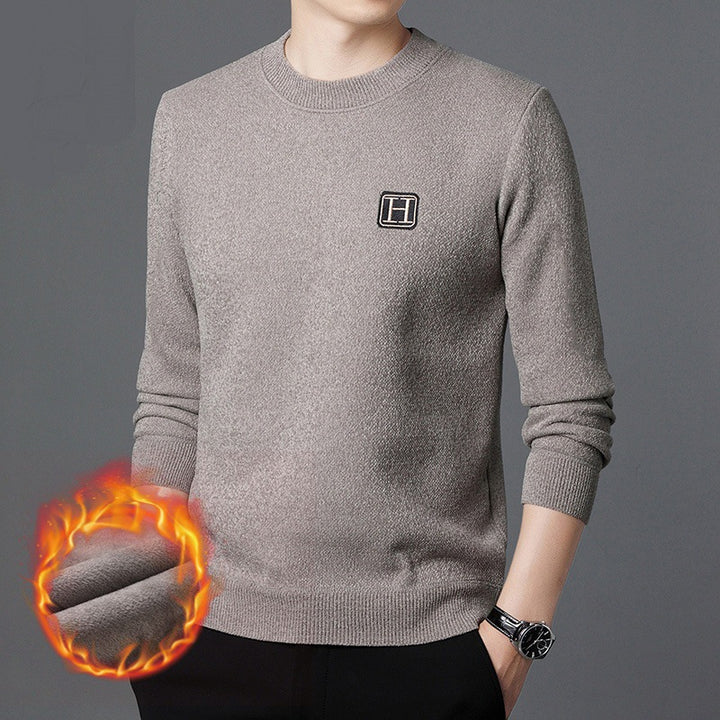 Herren Feiner Thermo-Rundhalspullover aus wärmendem Microfleece mit Slim‑Fit und Logopatch Drune