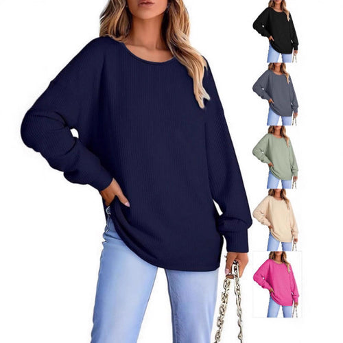 Damen Oversize Waffelstrickpullover mit Rundhals, Ballonärmeln und verlängertem Saum Drune