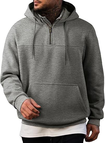 Herren Kapuzenpullover mit halbem Reißverschluss, Kängurutasche und gerippten Bündchen Drune