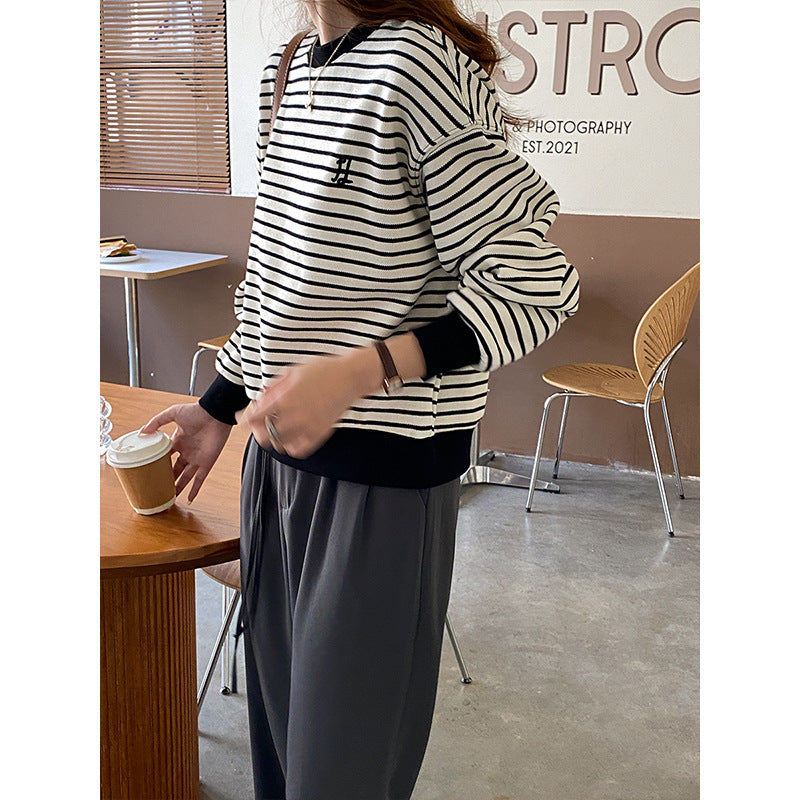 Damen lässiger Rundhals Sweatshirt mit Streifen Drune