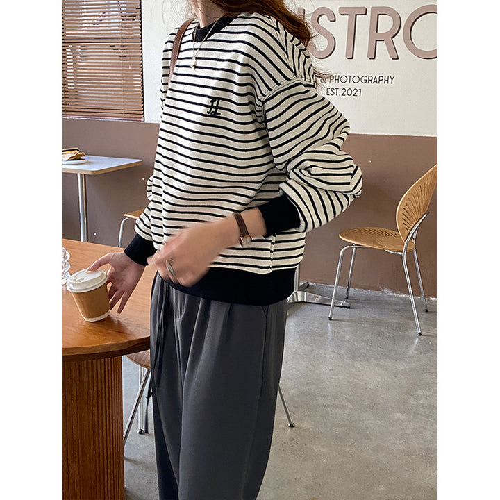 Damen lässiger Rundhals Sweatshirt mit Streifen Drune