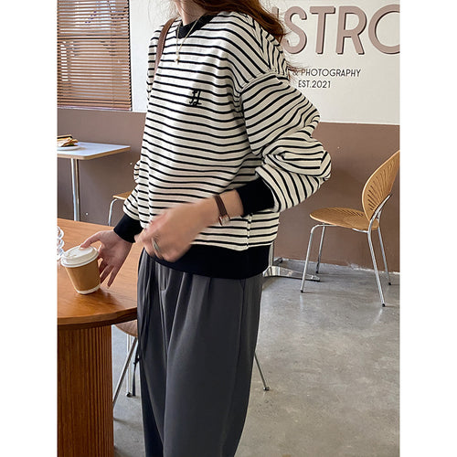 Damen lässiger Rundhals Sweatshirt mit Streifen Drune