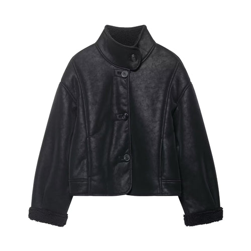 Damen Kurz geschnittene Kunstlederjacke mit Teddyfutter, Stehkragen und Knopfverschluss Drune