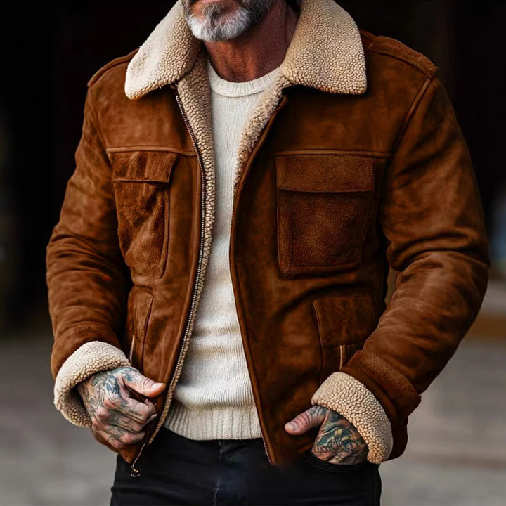 Herren nan Aviator-Lederjacke mit Lammfellimitat-Futter, aufgesetzten Brusttaschen und Reißverschluss Drune