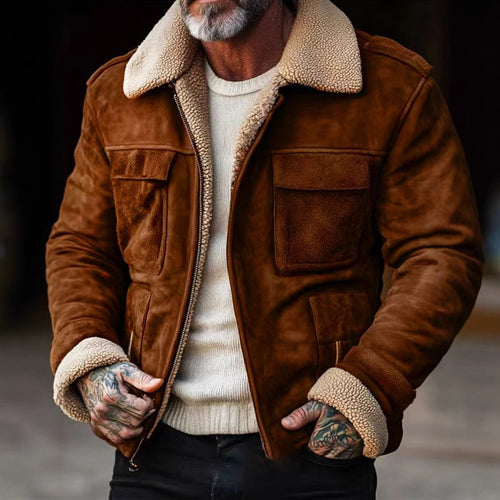 Herren nan Aviator-Lederjacke mit Lammfellimitat-Futter, aufgesetzten Brusttaschen und Reißverschluss Drune
