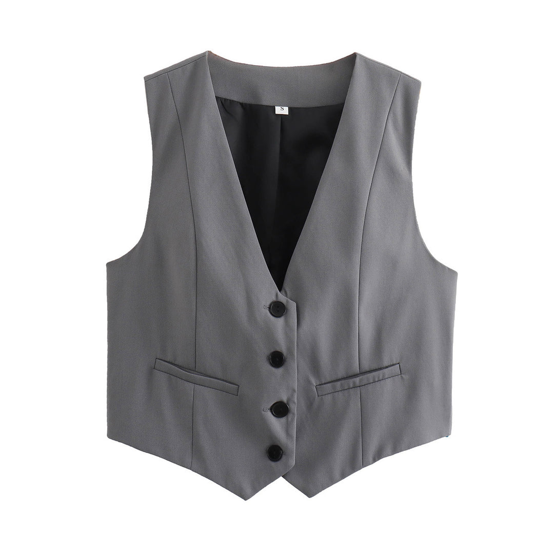 Damen nan elegante taillierte Business-Weste mit spitzem Saum, V-Ausschnitt und Leistentaschen Drune