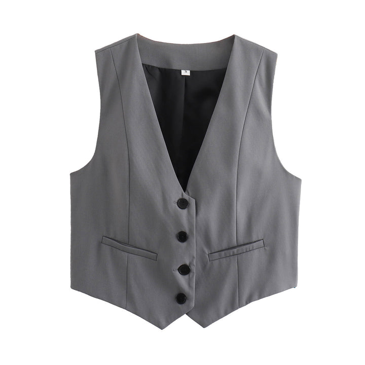 Damen nan elegante taillierte Business-Weste mit spitzem Saum, V-Ausschnitt und Leistentaschen Drune