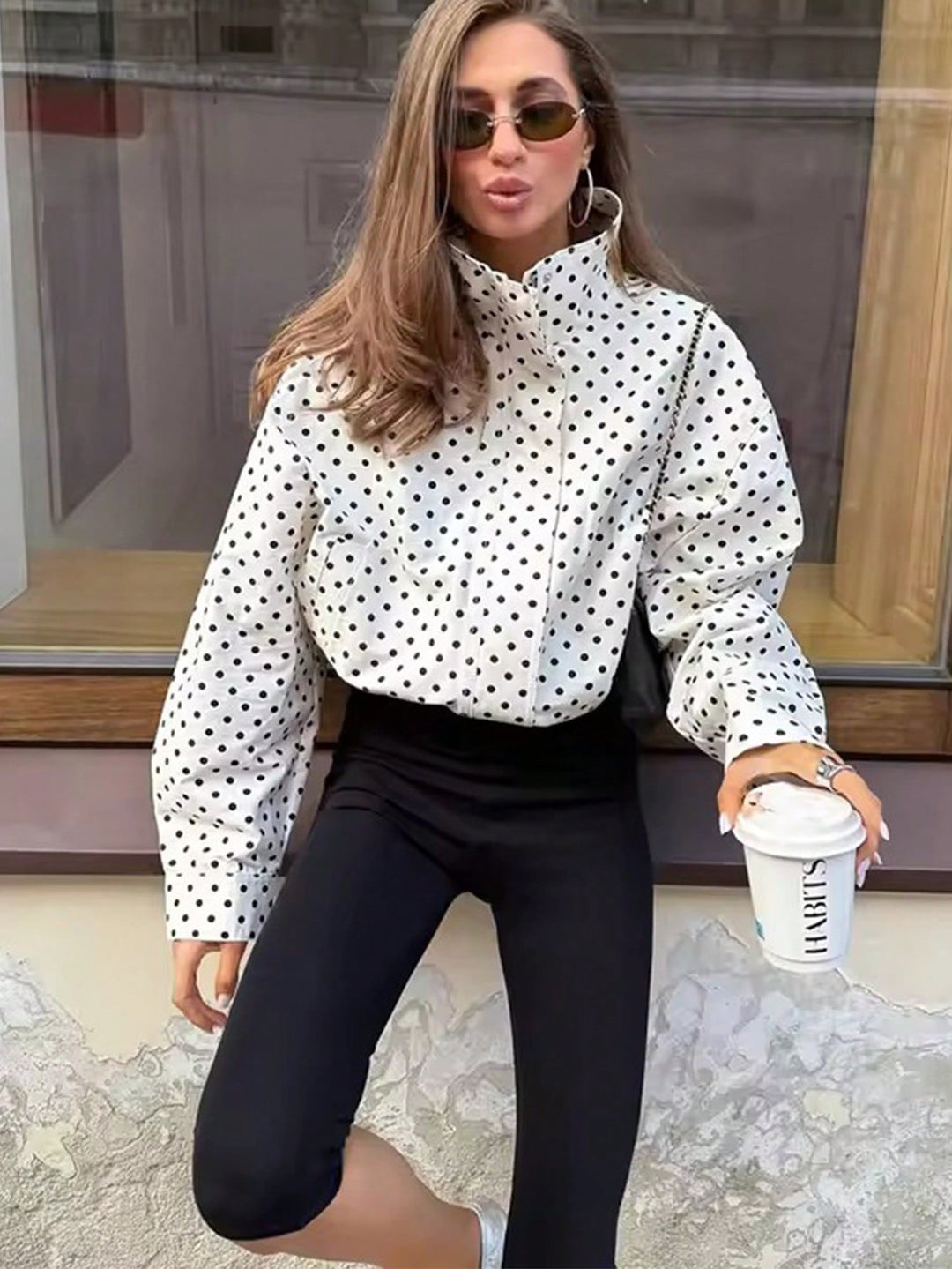 Damen Polka‑Dot Stehkragen‑Bluse mit oversized Ballonärmeln Drune