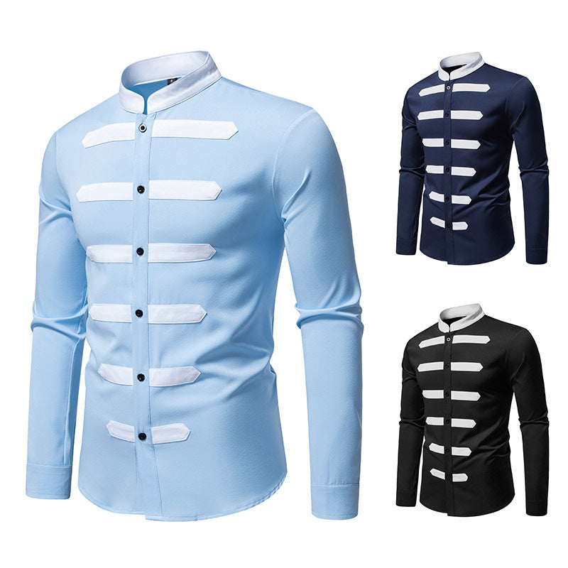 Herren Slim-Fit Hemd mit Stehkragen und dekorativen Paspelstreifen Drune