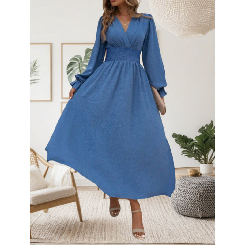 Damen Maxikleid mit tiefem V-Ausschnitt und langen Puffärmeln Drune