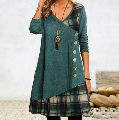 Damen nan asymmetrisches V-Ausschnitt-Tunika-Kleid mit Zierknopfleiste und Animalprint-Besatz Drune