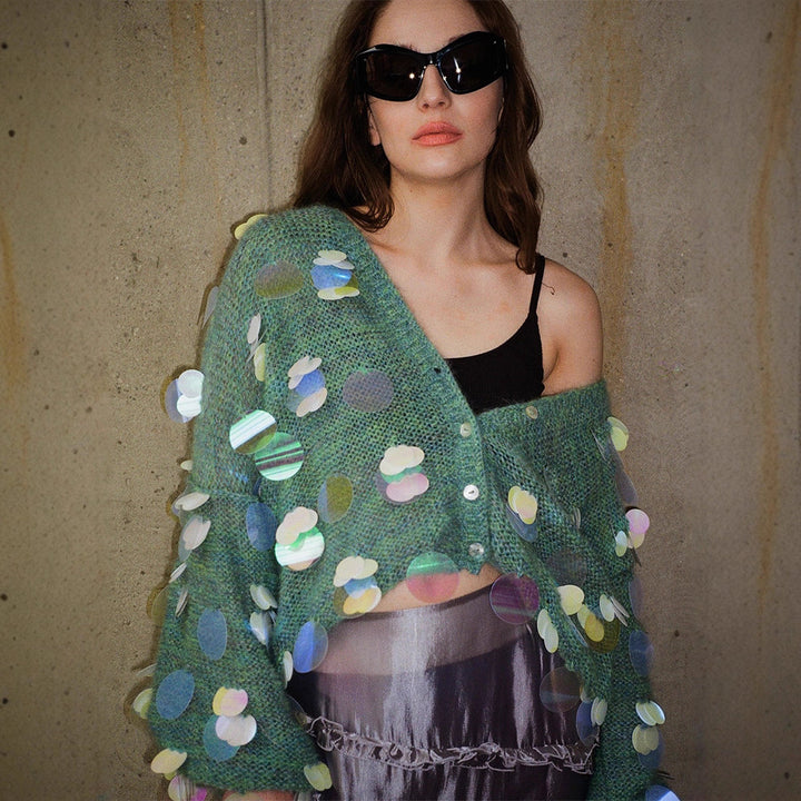 Damen Grobgestrickter Mohair-Cardigan mit übergroßen Pailletten und kastiger Silhouette Drune