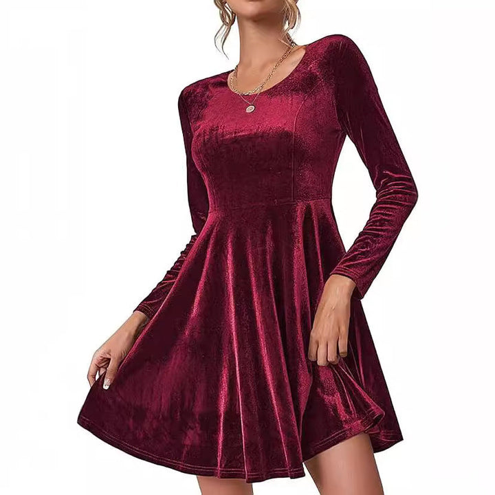 Damen Elegantes Samtkleid mit geschwungenem Saum und langen Ärmeln Drune