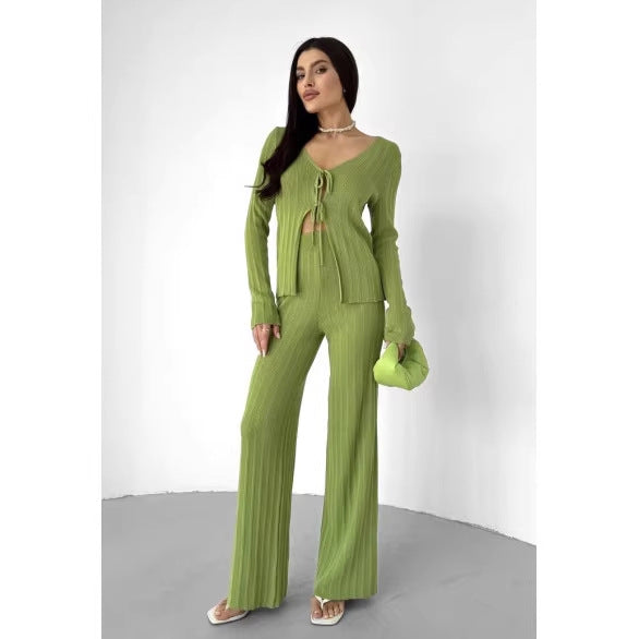 Damen Strickset mit V-Ausschnitt und Kordelzug Drune