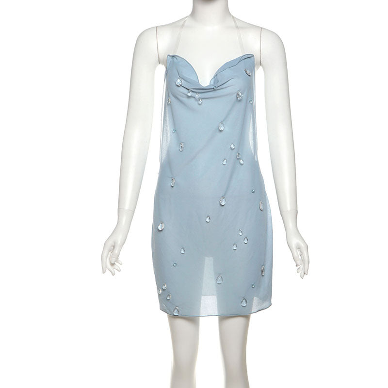 Damen elegantes halterloses Cocktailkleid mit funkelnden Akzenten Drune