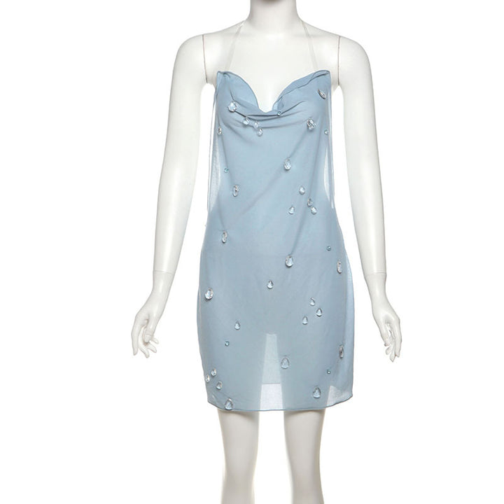 Damen elegantes halterloses Cocktailkleid mit funkelnden Akzenten Drune